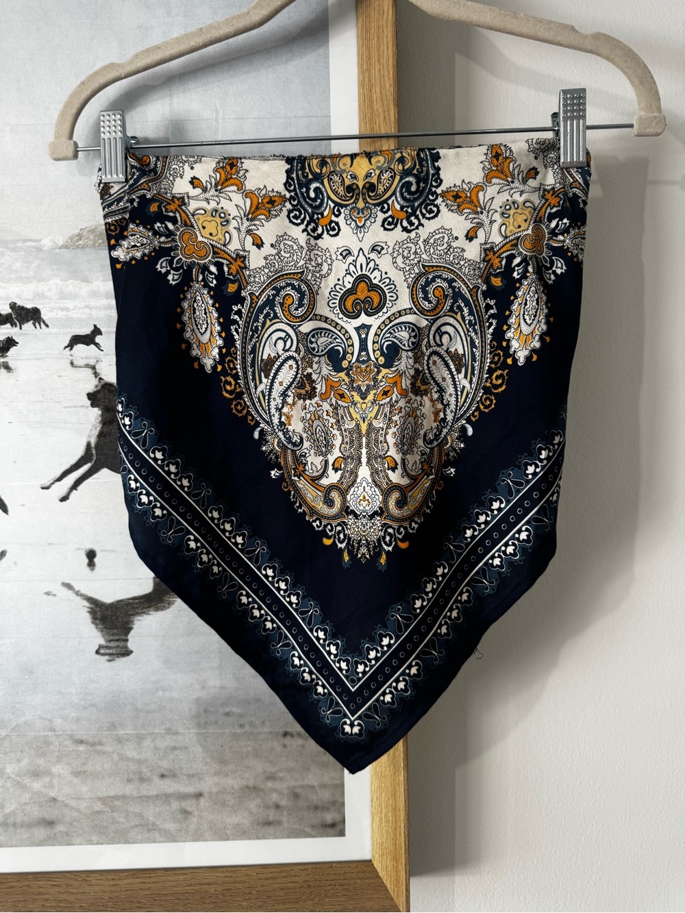 Pookie & Sebastian Decorative Paisley Bandana Scarf - Navy and Gold